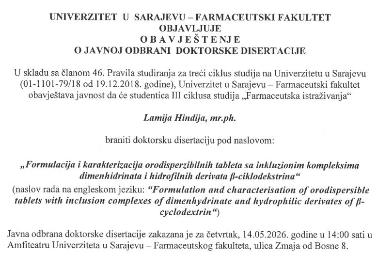 Obavjestenje o javnoj odbrani doktorske disertacije Lamija Hindija