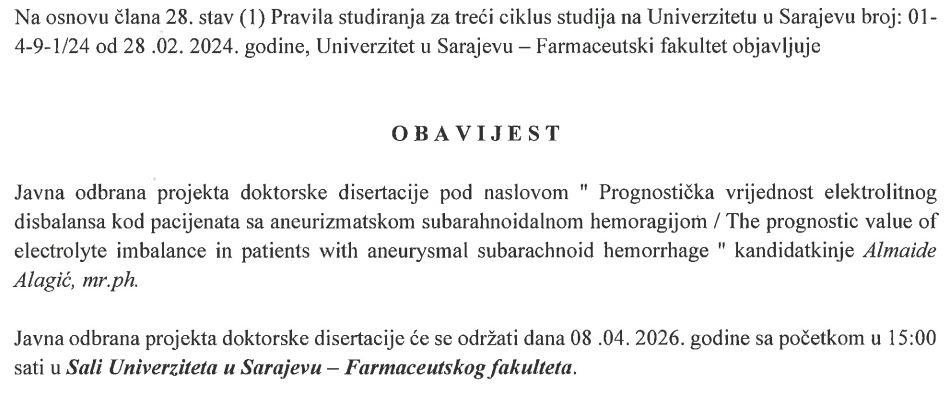 Obavjestenje o javnoj odbrani doktorske disertacije Almaida Alagic