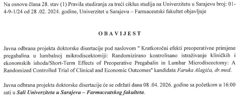 Obavjestenje o javnoj odbrani doktorske disertacije Faruk Alagic